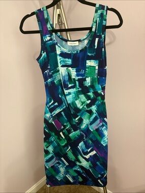 Calvin Klein Abstract Brushstroke Tank Dress in Teal, Navy & Emerald